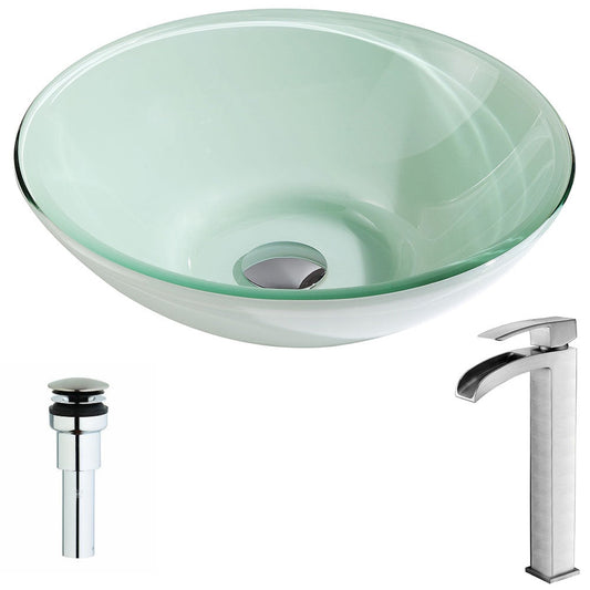 ANZZI Sonata Series 16" x 16" Round Lustrous Light Green Deco-Glass Vessel Sink With Polished Chrome Pop-Up Drain and Brushed Nickel Key Faucet