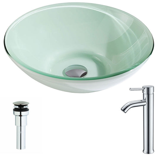 ANZZI Sonata Series 16" x 16" Round Lustrous Light Green Deco-Glass Vessel Sink With Polished Chrome Pop-Up Drain and Fann Faucet