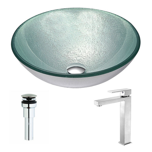 ANZZI Spirito Series 17" x 17" Round Churning Silver Deco-Glass Vessel Sink With Chrome Pop-Up Drain and Brushed Nickel Enti Faucet