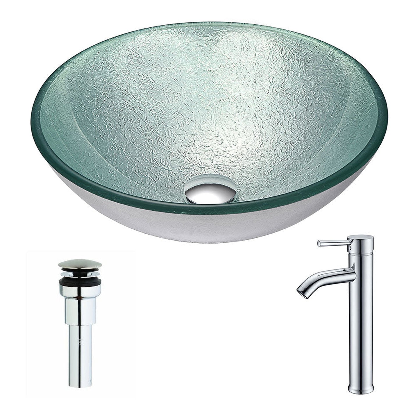 ANZZI Spirito Series 17" x 17" Round Churning Silver Deco-Glass Vessel Sink With Chrome Pop-Up Drain and Brushed Nickel Fann Faucet