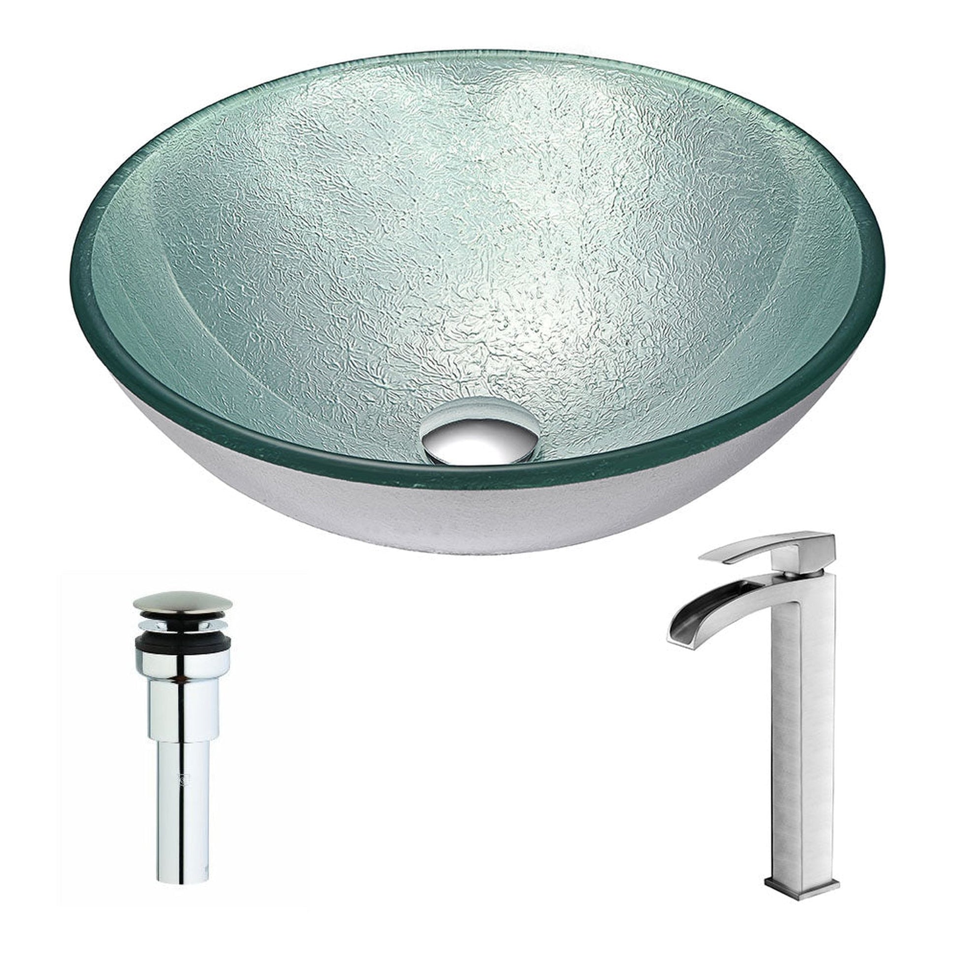 ANZZI Spirito Series 17" x 17" Round Churning Silver Deco-Glass Vessel Sink With Chrome Pop-Up Drain and Brushed Nickel Key Faucet