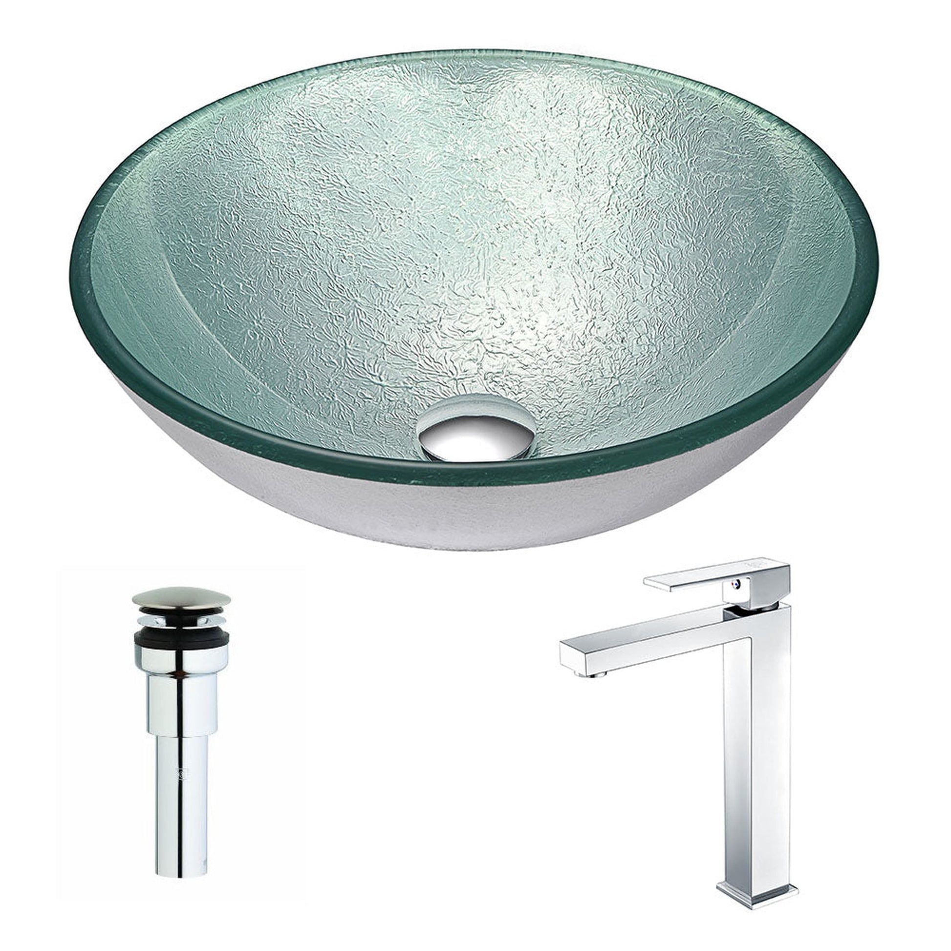 ANZZI Spirito Series 17" x 17" Round Churning Silver Deco-Glass Vessel Sink With Chrome Pop-Up Drain and Enti Faucet