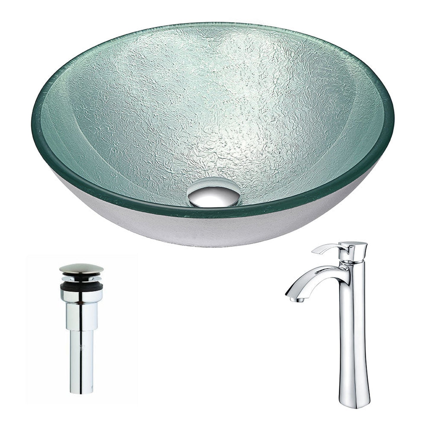 ANZZI Spirito Series 17" x 17" Round Churning Silver Deco-Glass Vessel Sink With Chrome Pop-Up Drain and Harmony Faucet