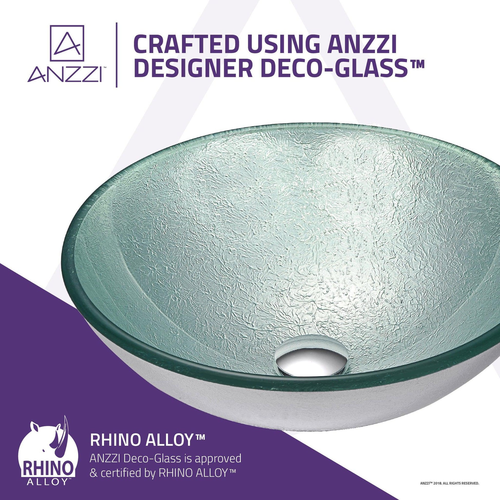 ANZZI Spirito Series 17" x 17" Round Churning Silver Deco-Glass Vessel Sink With Polished Chrome Pop-Up Drain
