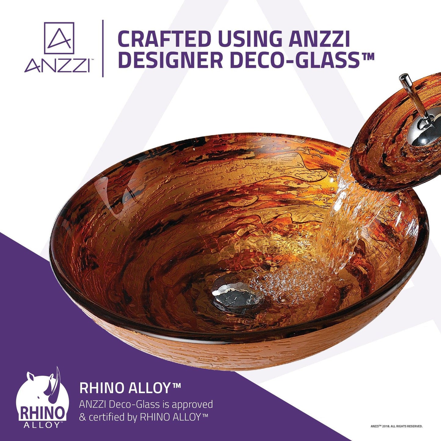 ANZZI Stanza Series 17" x 17" Round Lustrous Brown Deco-Glass Vessel Sink With Polished Chrome Pop-Up Drain and Lustrous Brown Faucet