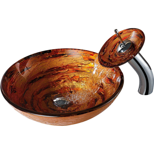 ANZZI Stanza Series 17" x 17" Round Lustrous Brown Deco-Glass Vessel Sink With Polished Chrome Pop-Up Drain and Lustrous Brown Faucet