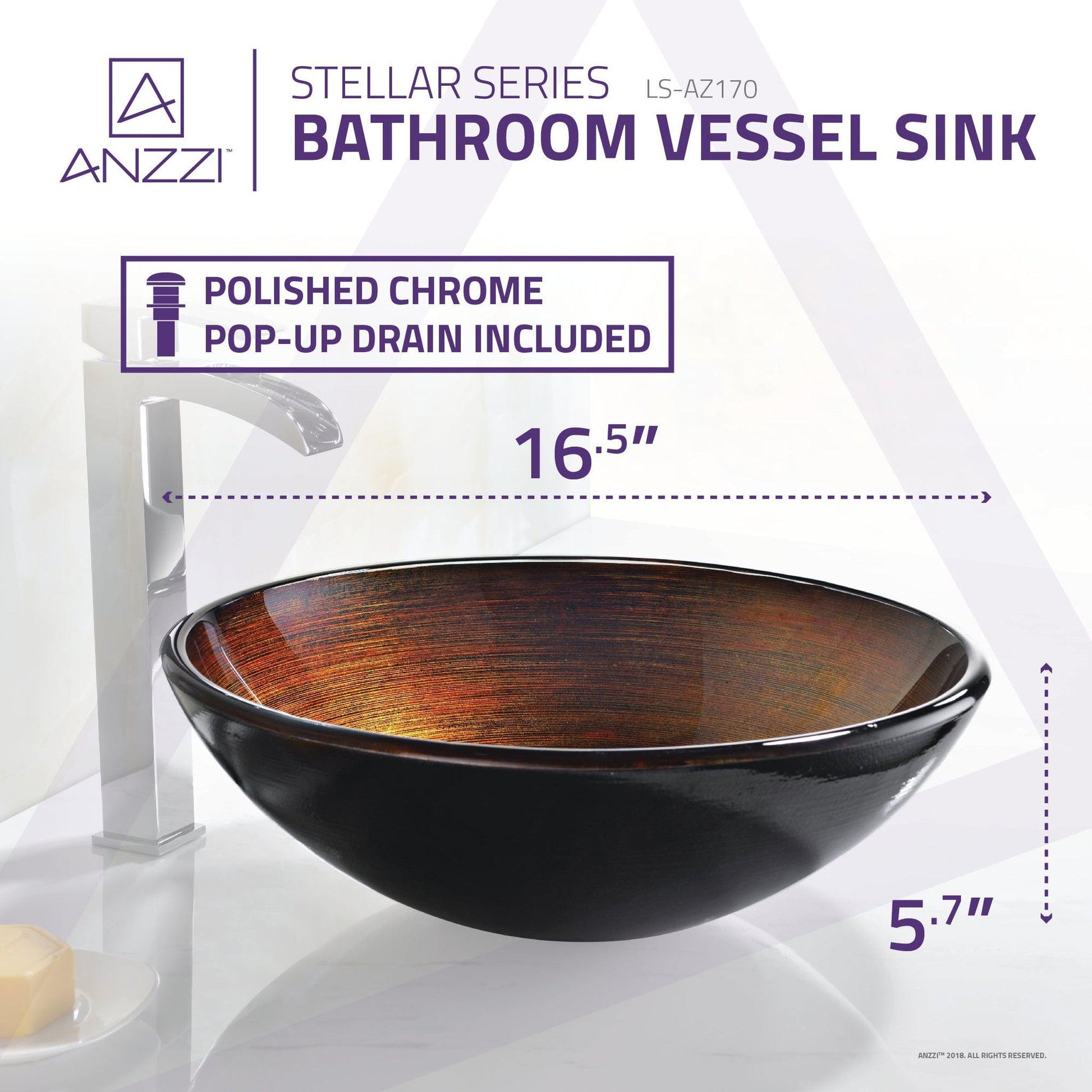 ANZZI Stellar Series 17" x 17" Round Amber Storm Deco-Glass Vessel Sink With Polished Chrome Pop-Up Drain