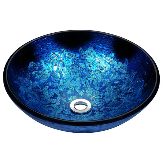 ANZZI Stellar Series 17" x 17" Round Blue Blaze Deco-Glass Vessel Sink With Polished Chrome Pop-Up Drain