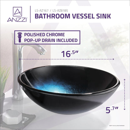 ANZZI Stellar Series 17" x 17" Round Deep Sea Deco-Glass Vessel Sink With Polished Chrome Pop-Up Drain