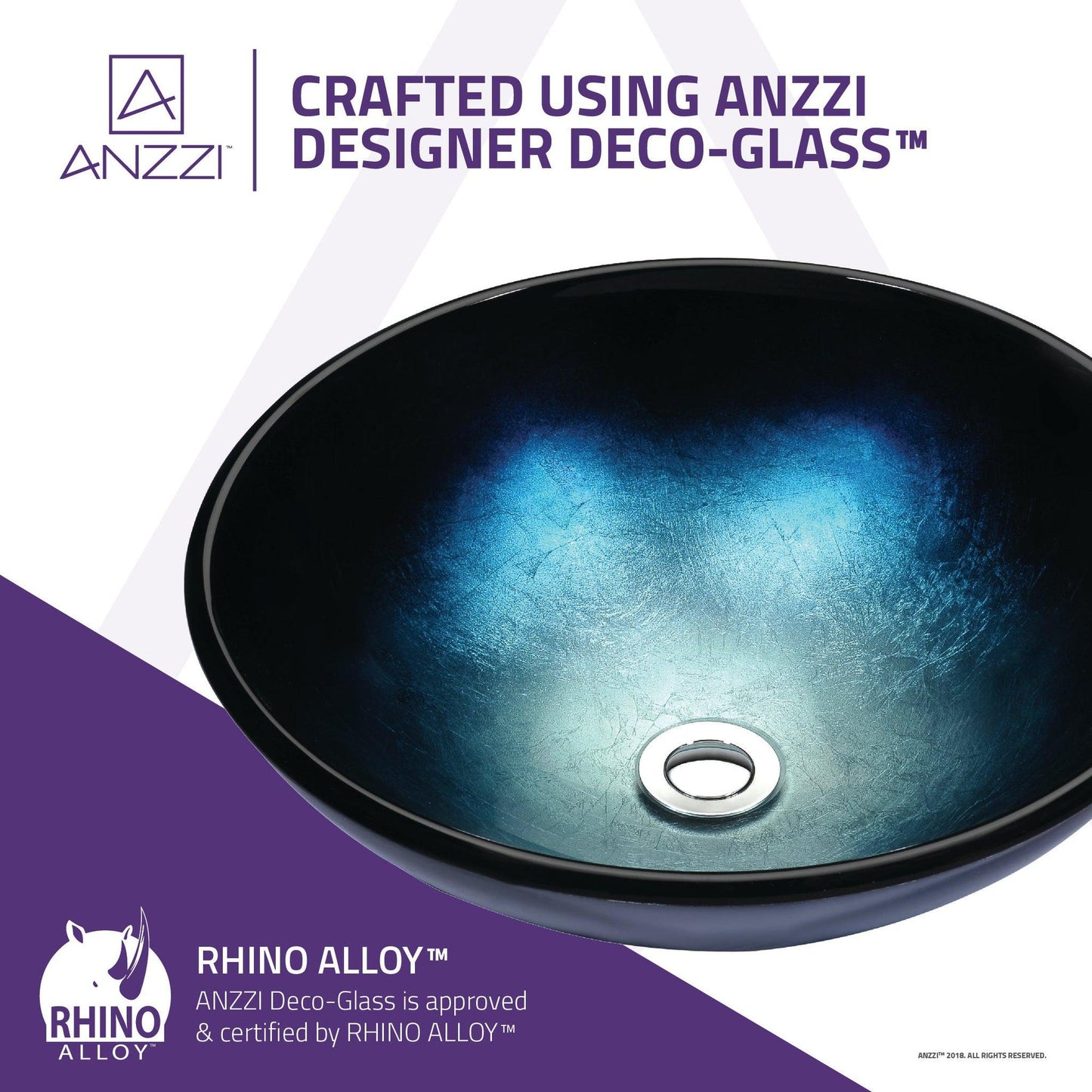 ANZZI Stellar Series 17" x 17" Round Deep Sea Deco-Glass Vessel Sink With Polished Chrome Pop-Up Drain