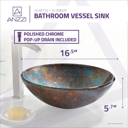 ANZZI Stellar Series 17" x 17" Round Emerald Burst Deco-Glass Vessel Sink With Polished Chrome Pop-Up Drain