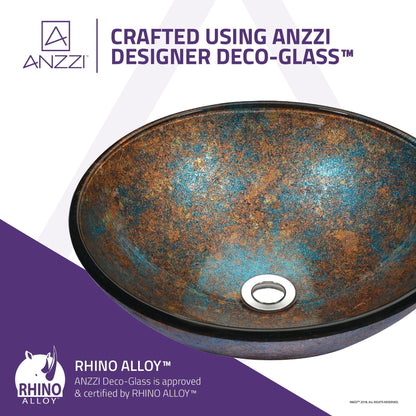 ANZZI Stellar Series 17" x 17" Round Emerald Burst Deco-Glass Vessel Sink With Polished Chrome Pop-Up Drain