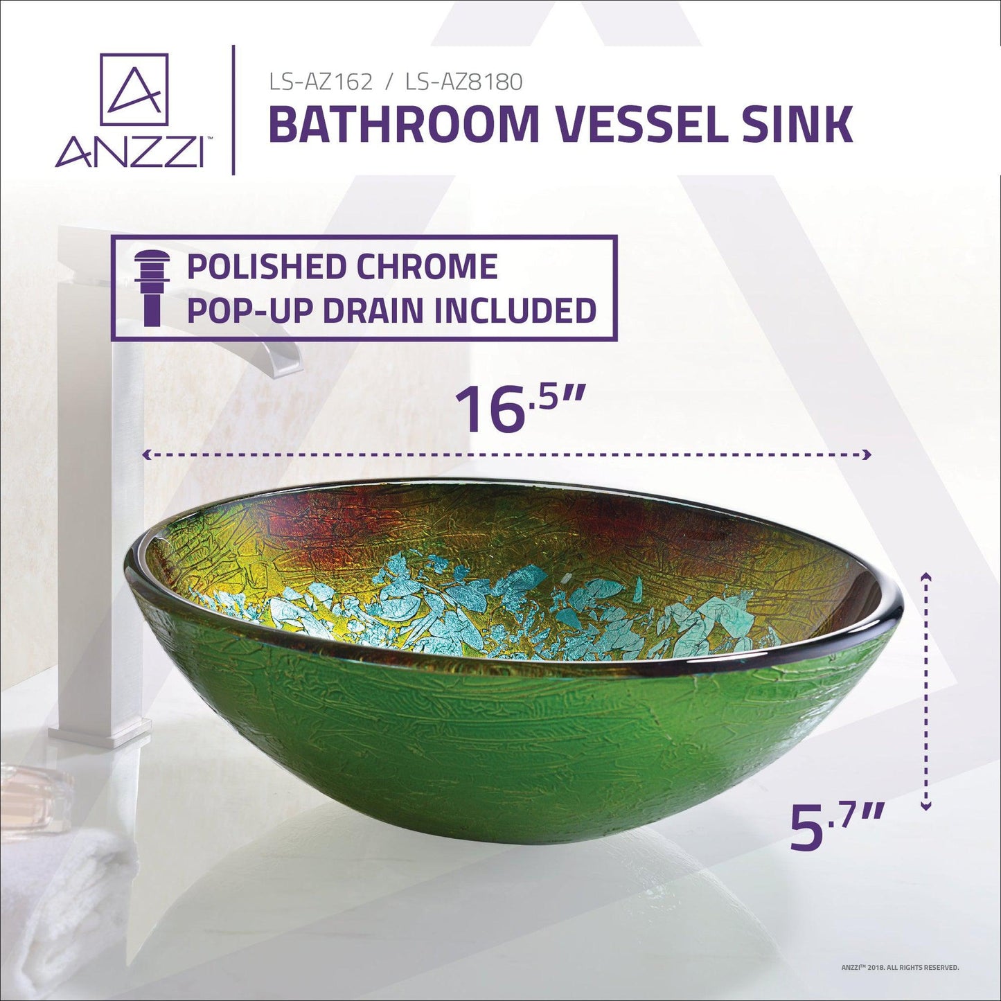 ANZZI Stellar Series 17" x 17" Round Glacial Blaze Deco-Glass Vessel Sink With Polished Chrome Pop-Up Drain
