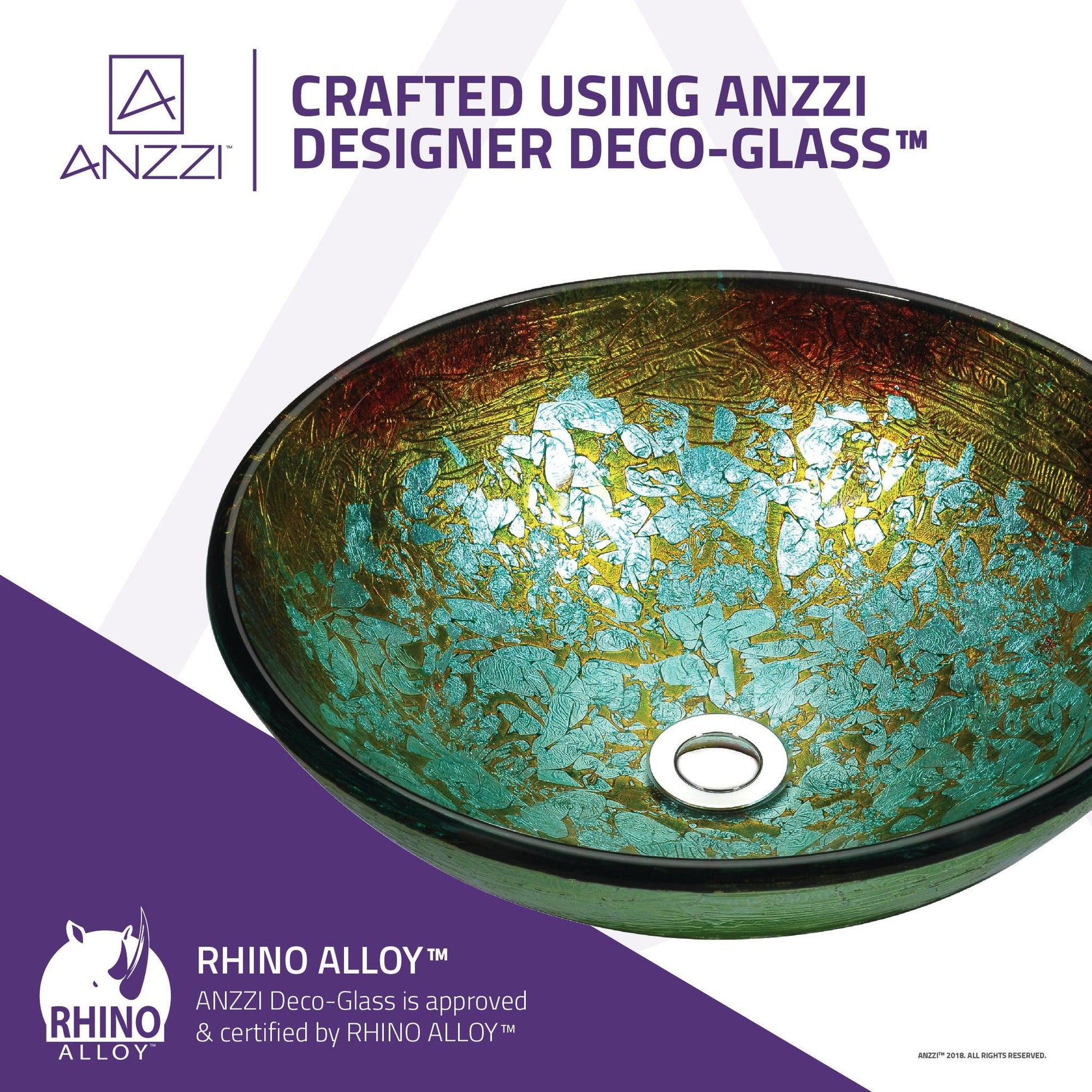 ANZZI Stellar Series 17" x 17" Round Glacial Blaze Deco-Glass Vessel Sink With Polished Chrome Pop-Up Drain