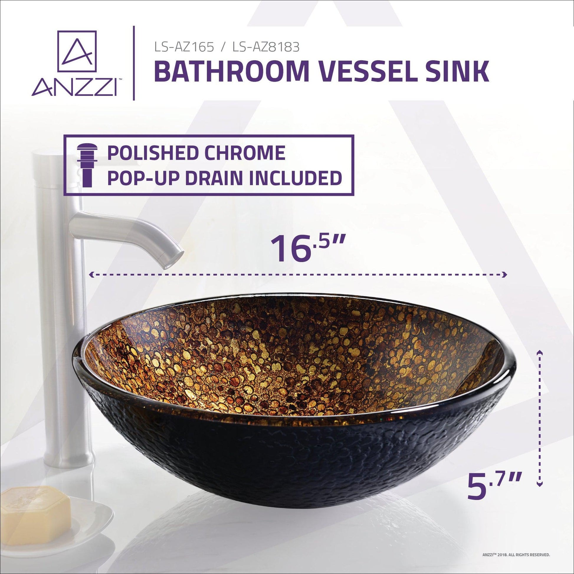 ANZZI Stellar Series 17" x 17" Round Idol Gold Deco-Glass Vessel Sink With Polished Chrome Pop-Up Drain