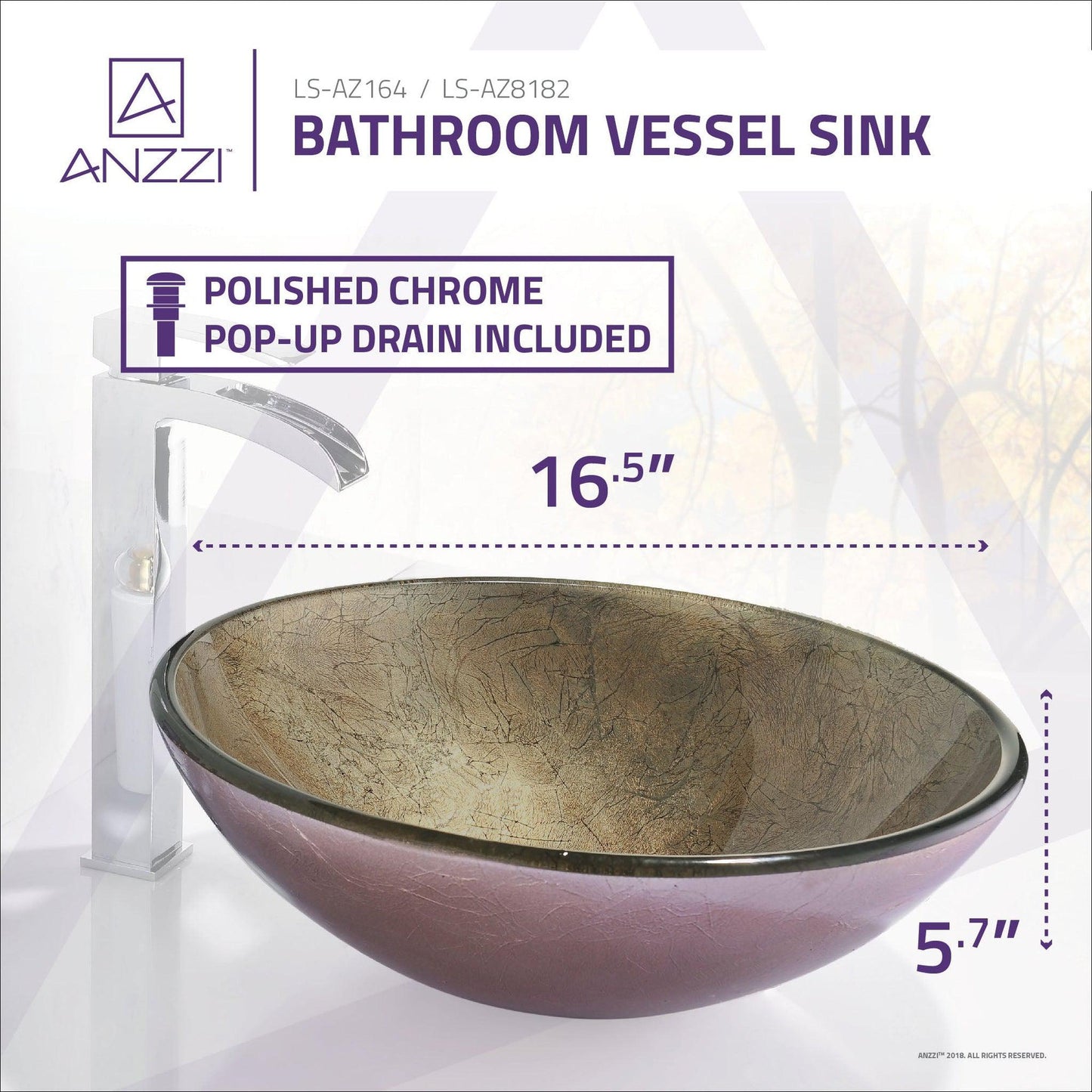 ANZZI Stellar Series 17" x 17" Round Platinum Storm Deco-Glass Vessel Sink With Polished Chrome Pop-Up Drain