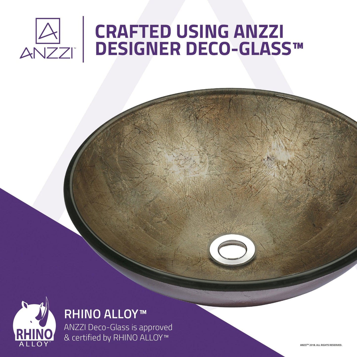 ANZZI Stellar Series 17" x 17" Round Platinum Storm Deco-Glass Vessel Sink With Polished Chrome Pop-Up Drain