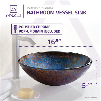 ANZZI Stellar Series 17" x 17" Round Sapphire Burst Deco-Glass Vessel Sink With Polished Chrome Pop-Up Drain