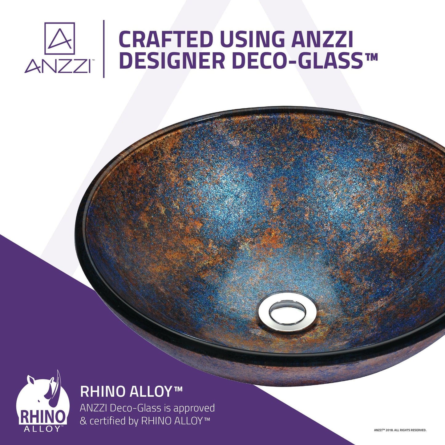 ANZZI Stellar Series 17" x 17" Round Sapphire Burst Deco-Glass Vessel Sink With Polished Chrome Pop-Up Drain