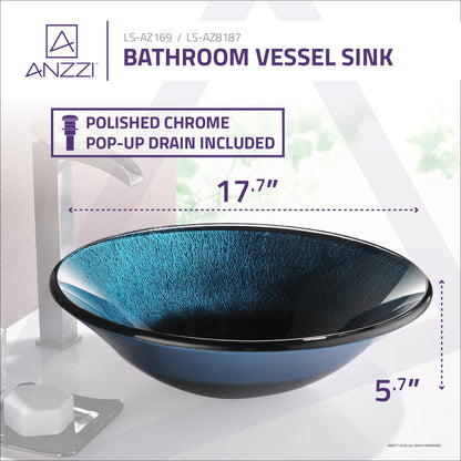 ANZZI Stellar Series 18" x 18" Round Marine Crest Deco-Glass Vessel Sink With Polished Chrome Pop-Up Drain