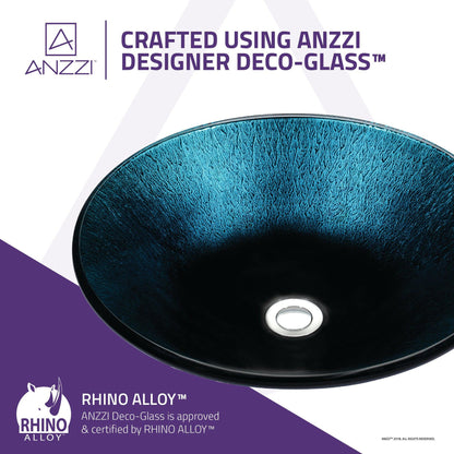 ANZZI Stellar Series 18" x 18" Round Marine Crest Deco-Glass Vessel Sink With Polished Chrome Pop-Up Drain