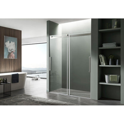 ANZZI Stellar Series 48" x 76" Frameless Rectangular Brushed Nickel Sliding Shower Door With Handle and Tsunami Guard