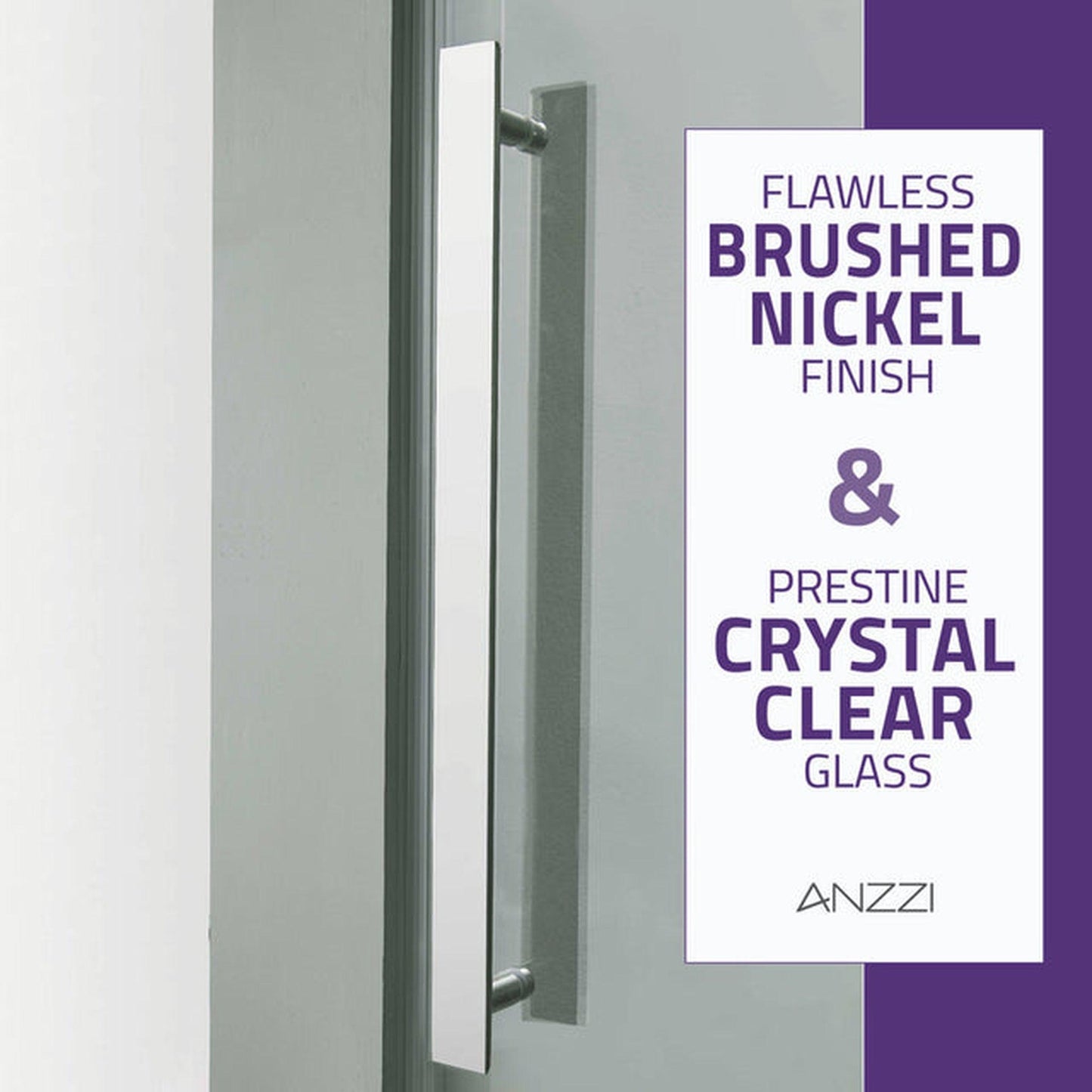 ANZZI Stellar Series 48" x 76" Frameless Rectangular Brushed Nickel Sliding Shower Door With Handle and Tsunami Guard