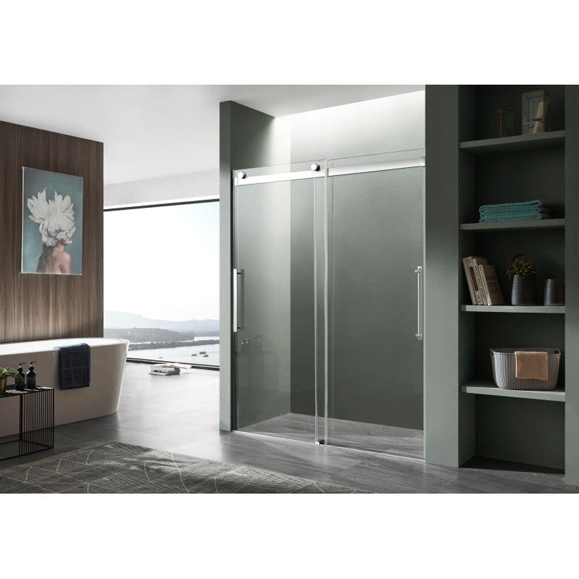 ANZZI Stellar Series 48" x 76" Frameless Rectangular Polished Chrome Sliding Shower Door With Handle and Tsunami Guard