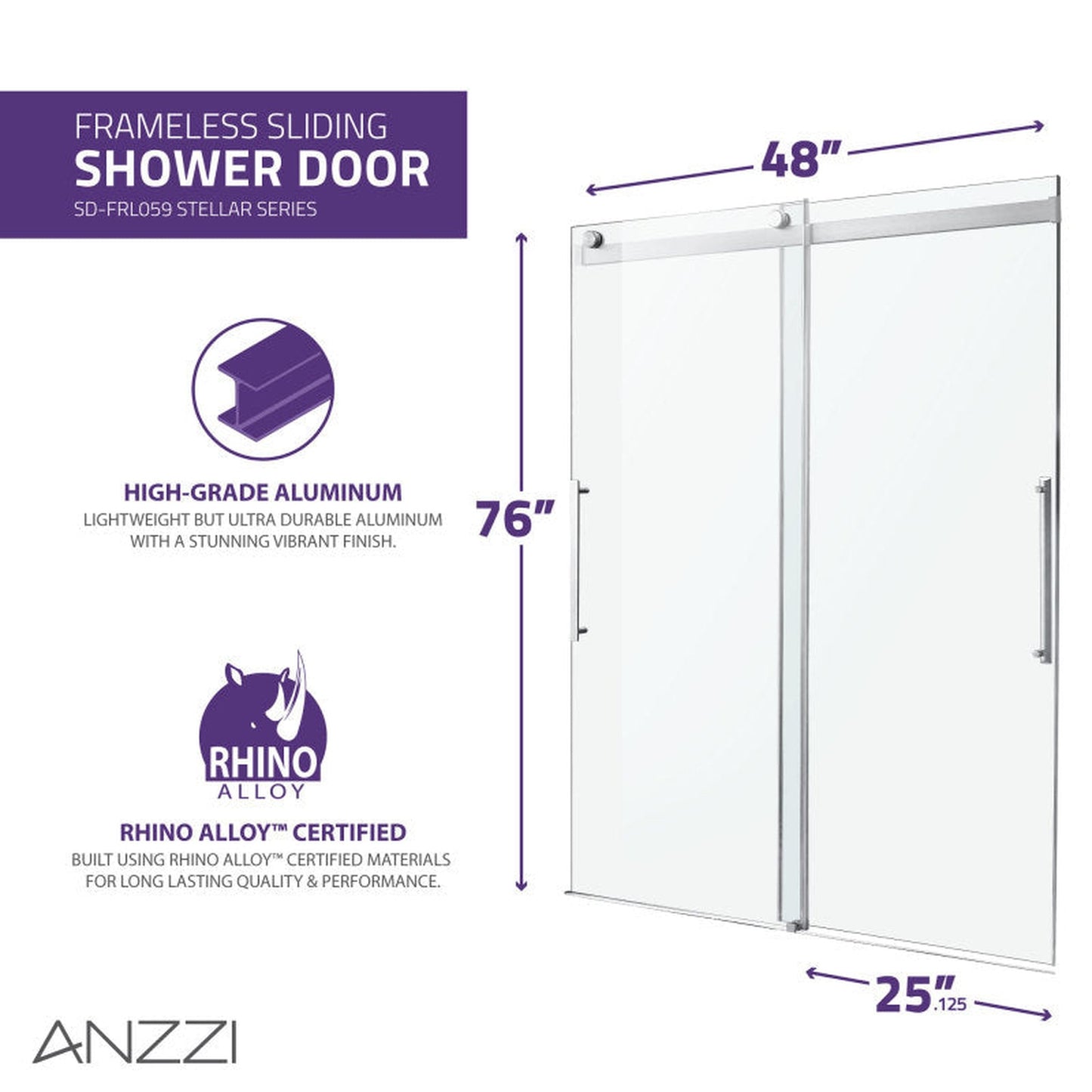 ANZZI Stellar Series 48" x 76" Frameless Rectangular Polished Chrome Sliding Shower Door With Handle and Tsunami Guard