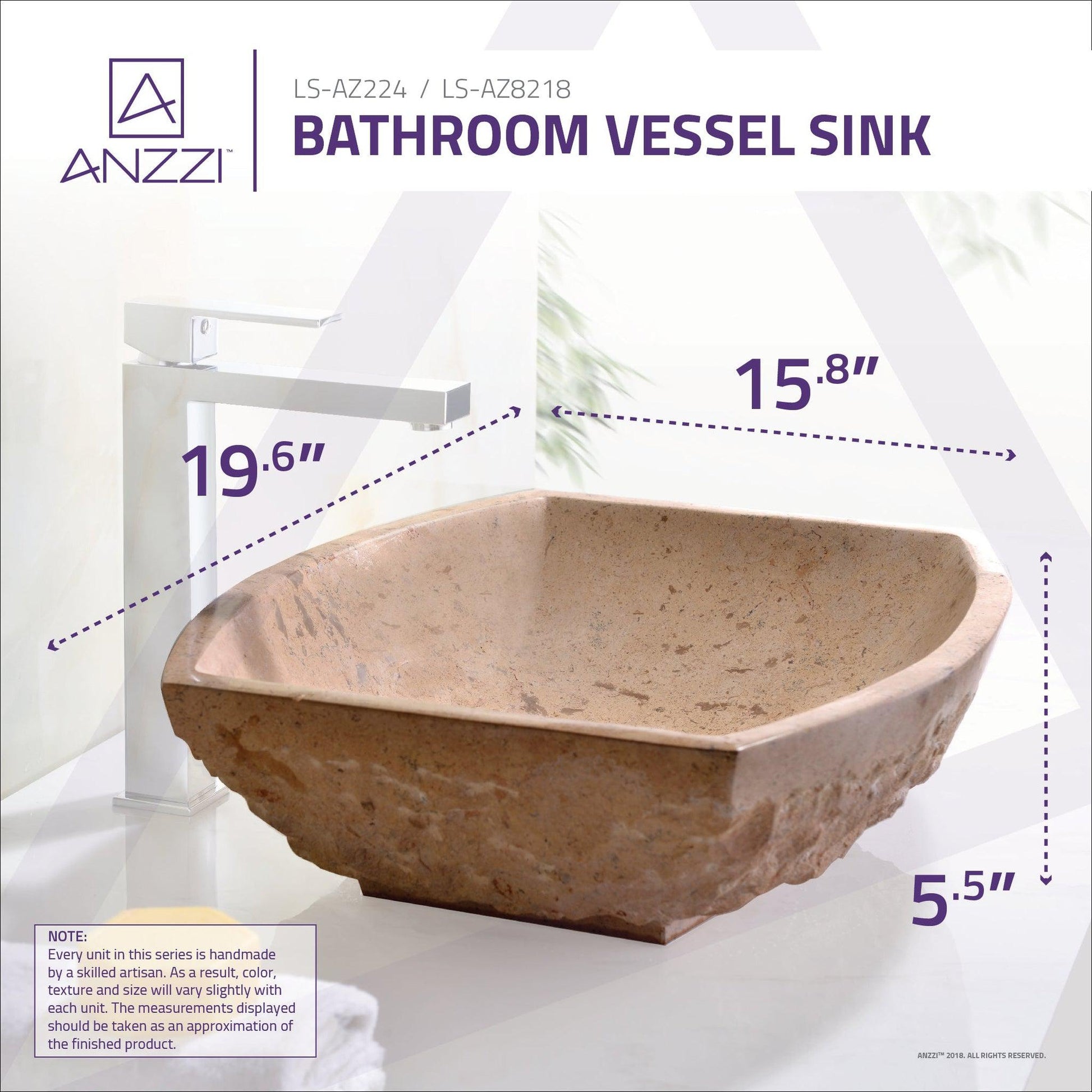ANZZI Stoic Basin Series 20" x 16" Square Shape Cream Marble Vessel Sink