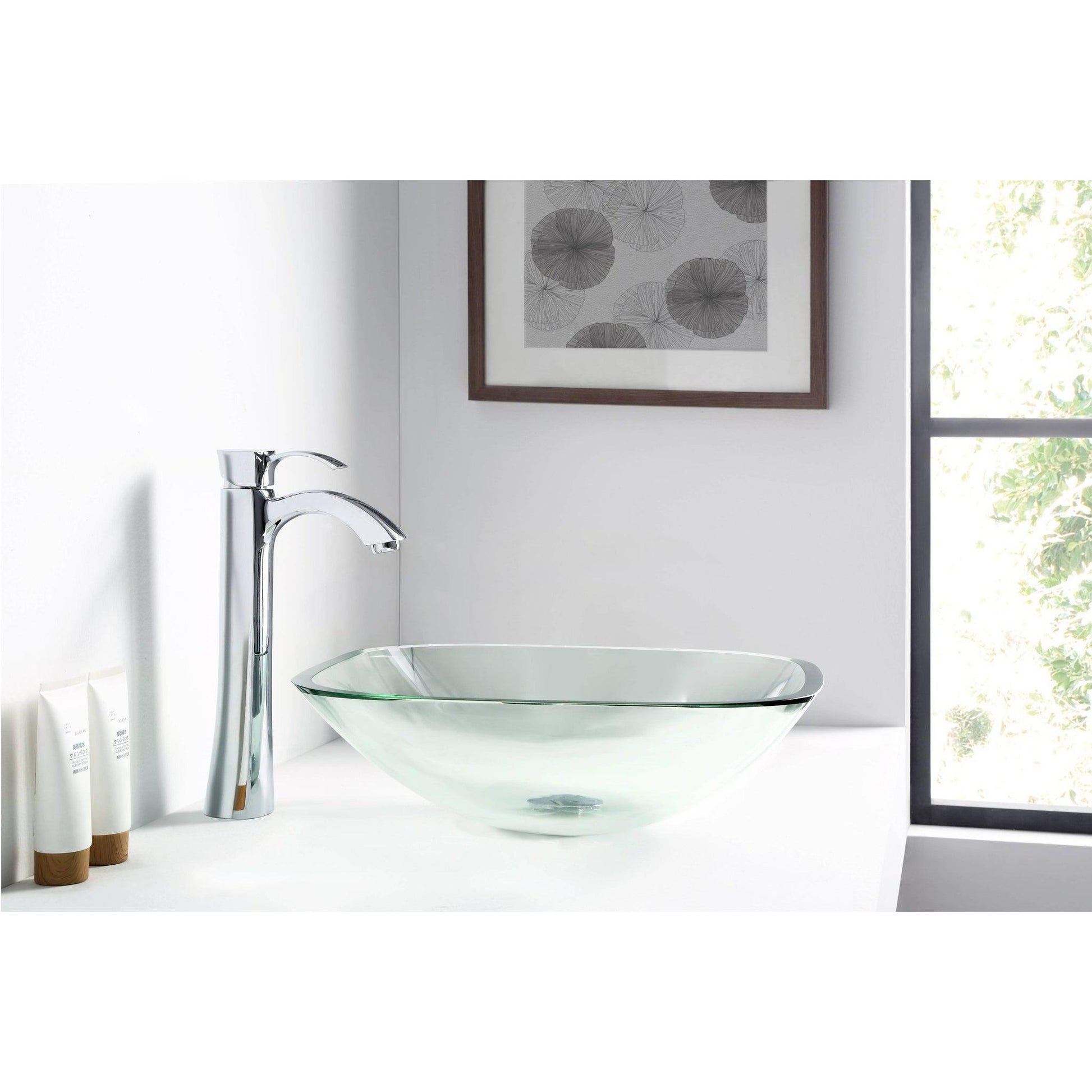 ANZZI Story Series 17" x 17" Square Shaped Lustrous Clear Deco-Glass Vessel Sink With Polished Chrome Pop-Up Drain