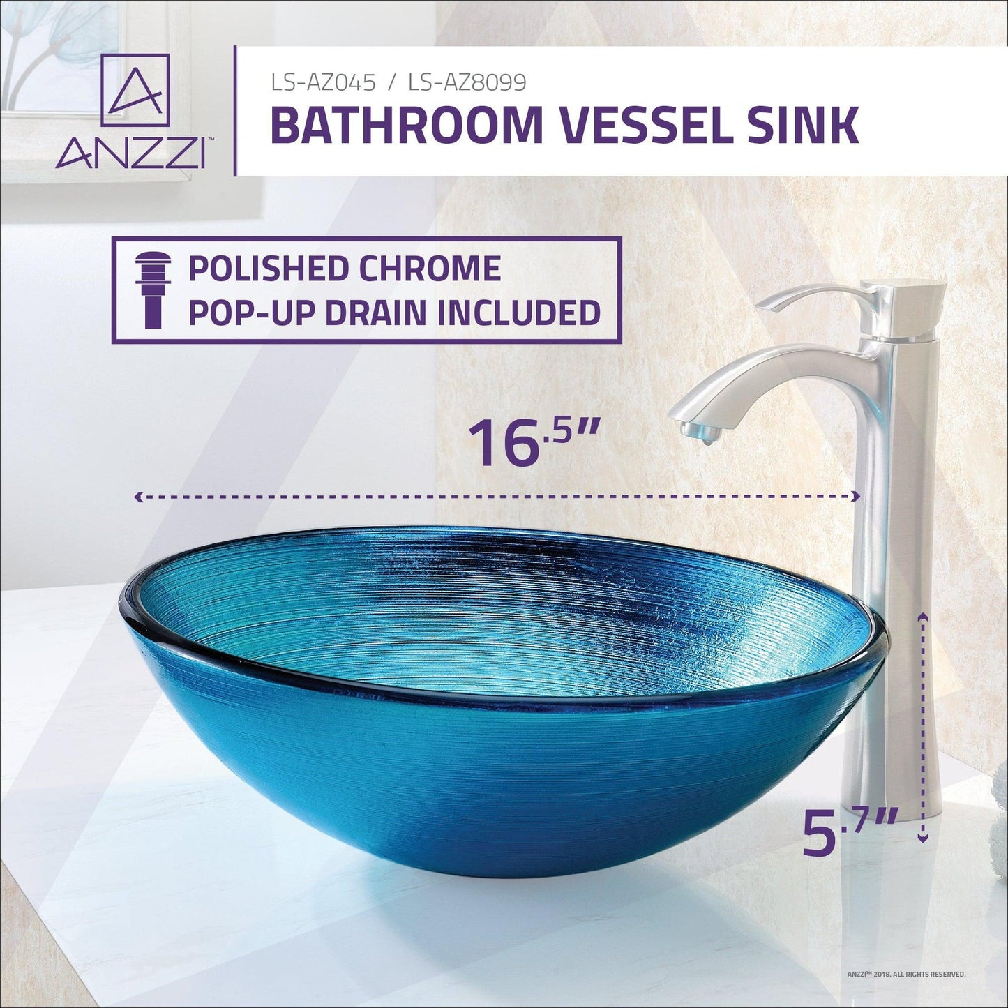 ANZZI Taba Series 17" x 17" Round Lustrous Blue Deco-Glass Vessel Sink With Polished Chrome Pop-Up Drain