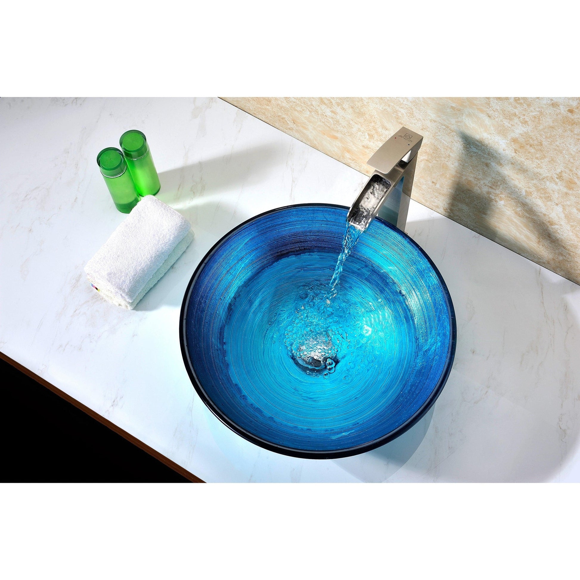 ANZZI Taba Series 17" x 17" Round Lustrous Blue Deco-Glass Vessel Sink With Polished Chrome Pop-Up Drain