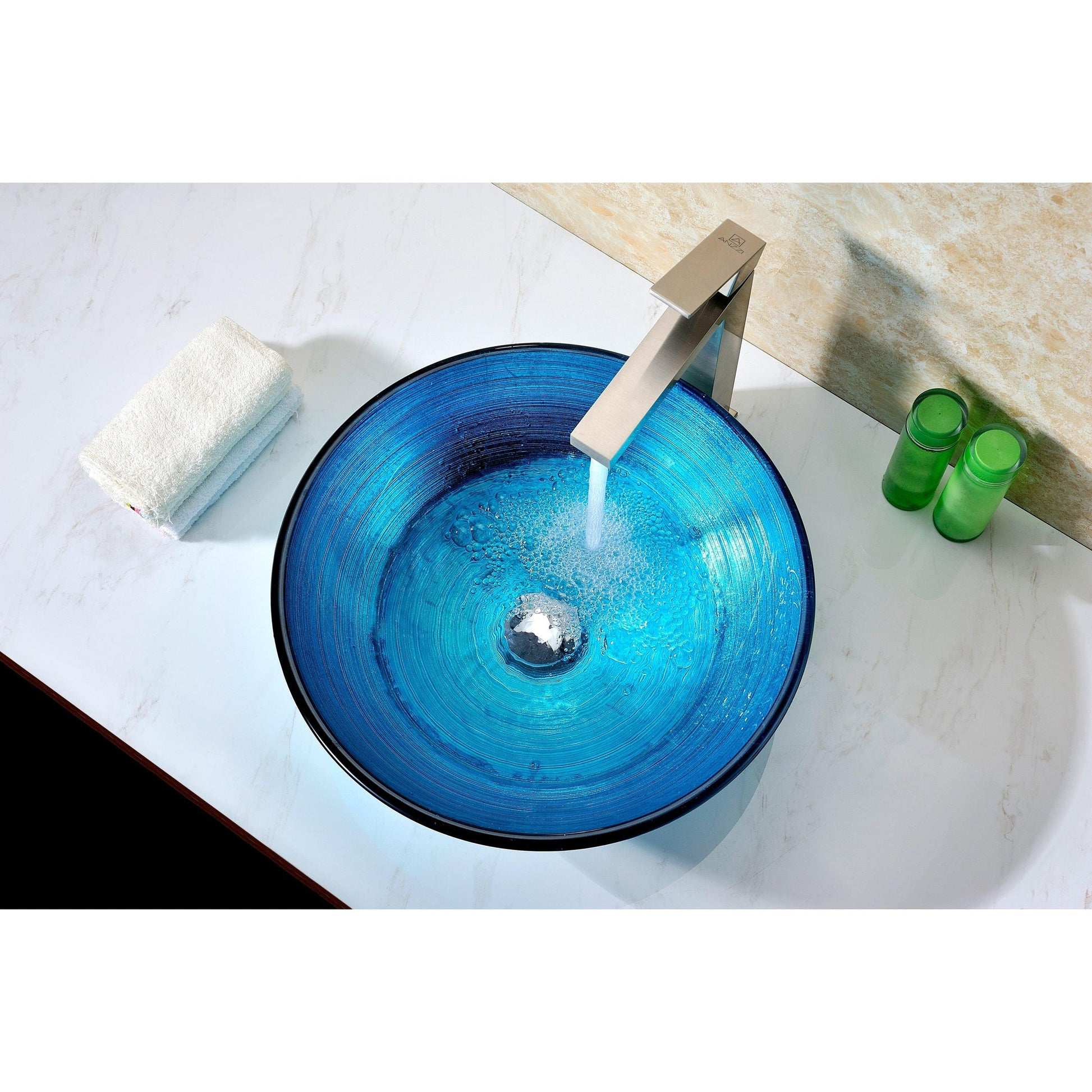 ANZZI Taba Series 17" x 17" Round Lustrous Blue Deco-Glass Vessel Sink With Polished Chrome Pop-Up Drain