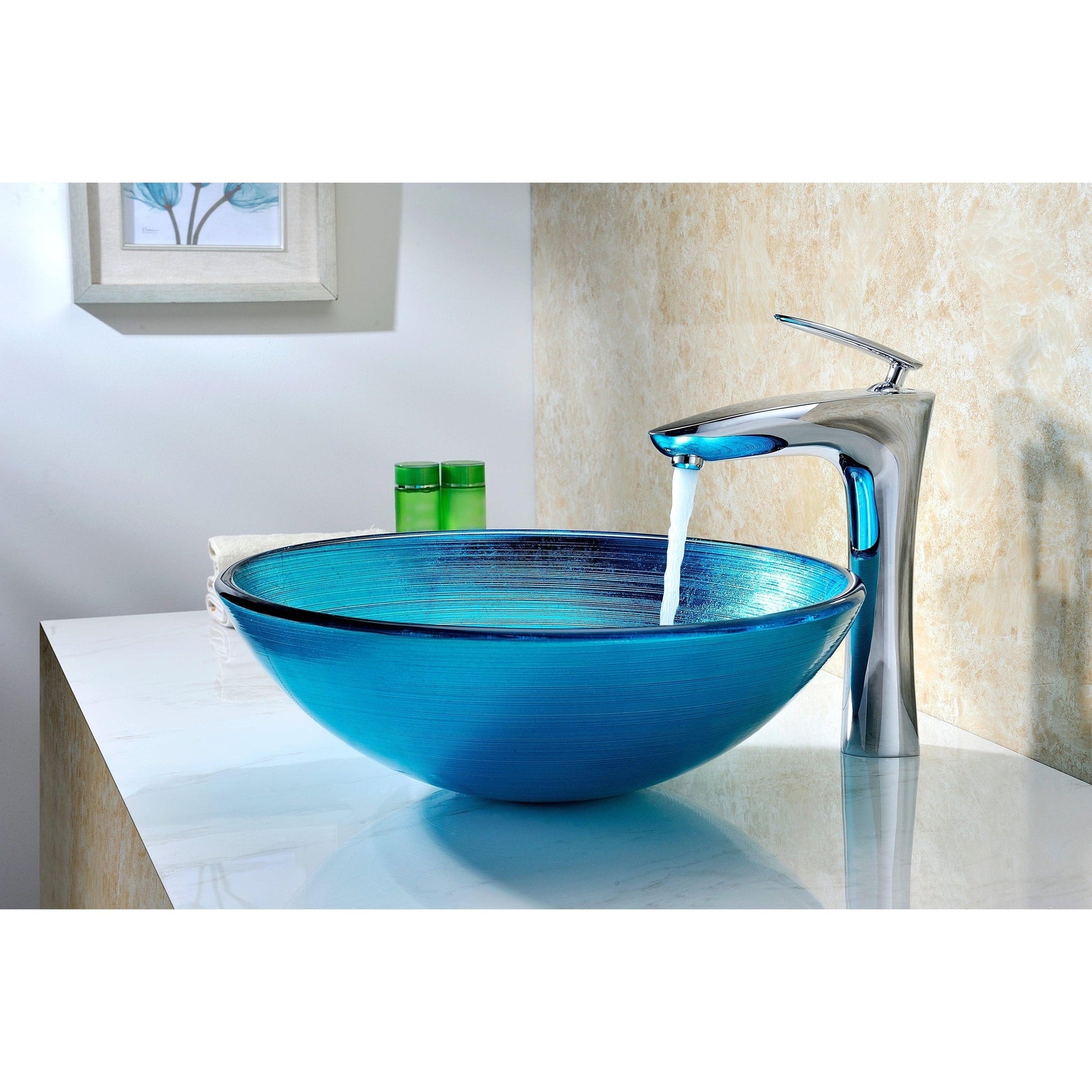 ANZZI Taba Series 17" x 17" Round Lustrous Blue Deco-Glass Vessel Sink With Polished Chrome Pop-Up Drain