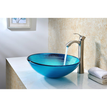 ANZZI Taba Series 17" x 17" Round Lustrous Blue Deco-Glass Vessel Sink With Polished Chrome Pop-Up Drain