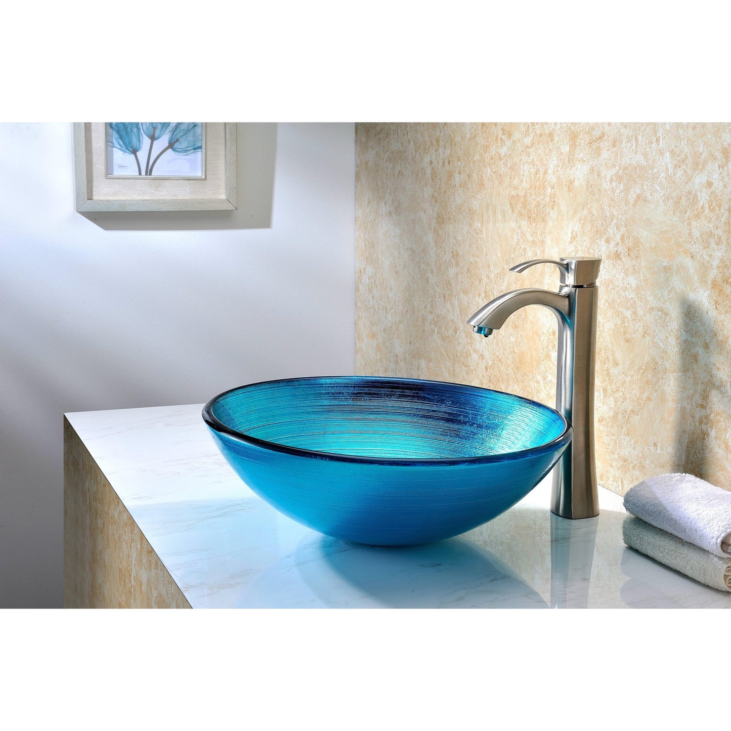 ANZZI Taba Series 17" x 17" Round Lustrous Blue Deco-Glass Vessel Sink With Polished Chrome Pop-Up Drain