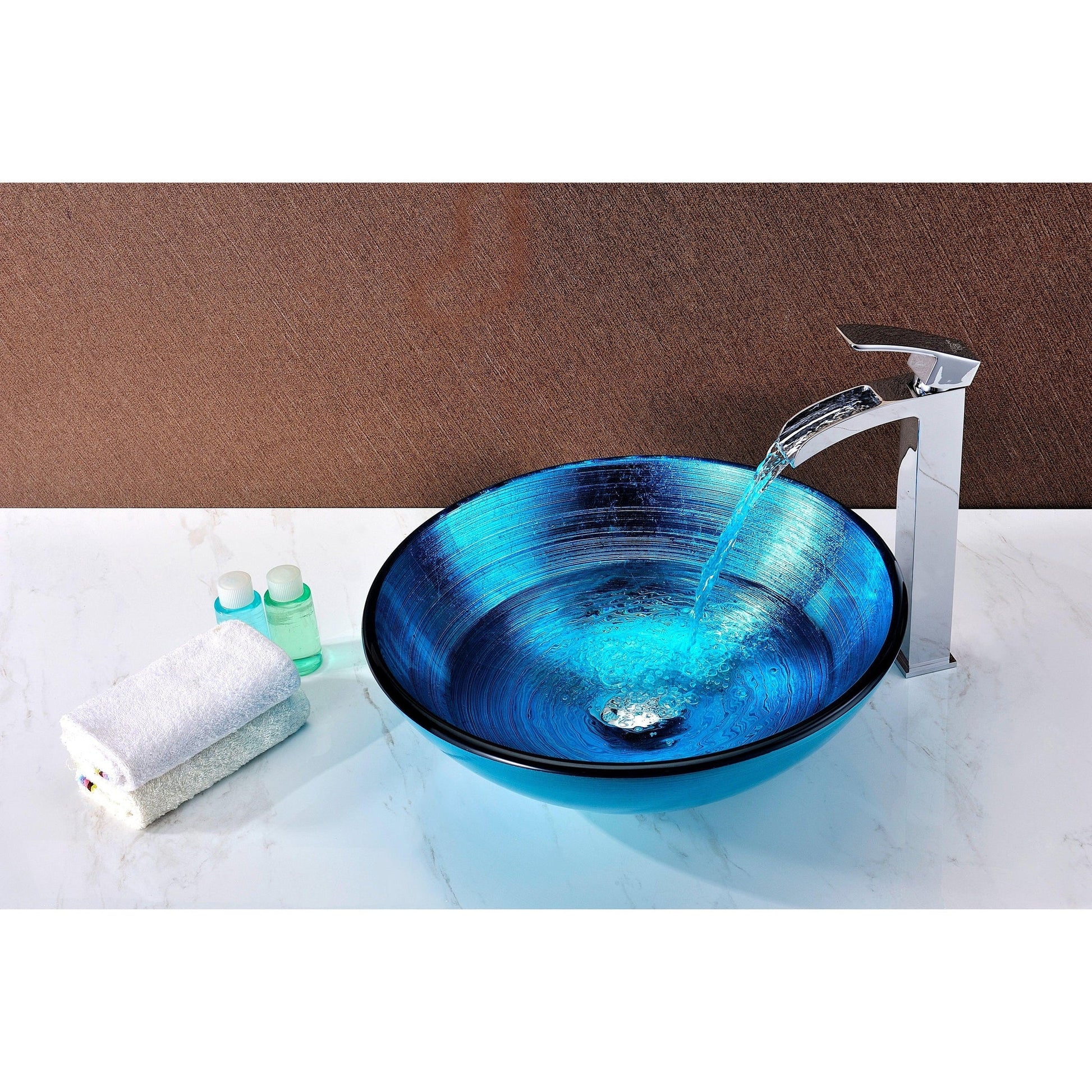 ANZZI Taba Series 17" x 17" Round Lustrous Blue Deco-Glass Vessel Sink With Polished Chrome Pop-Up Drain