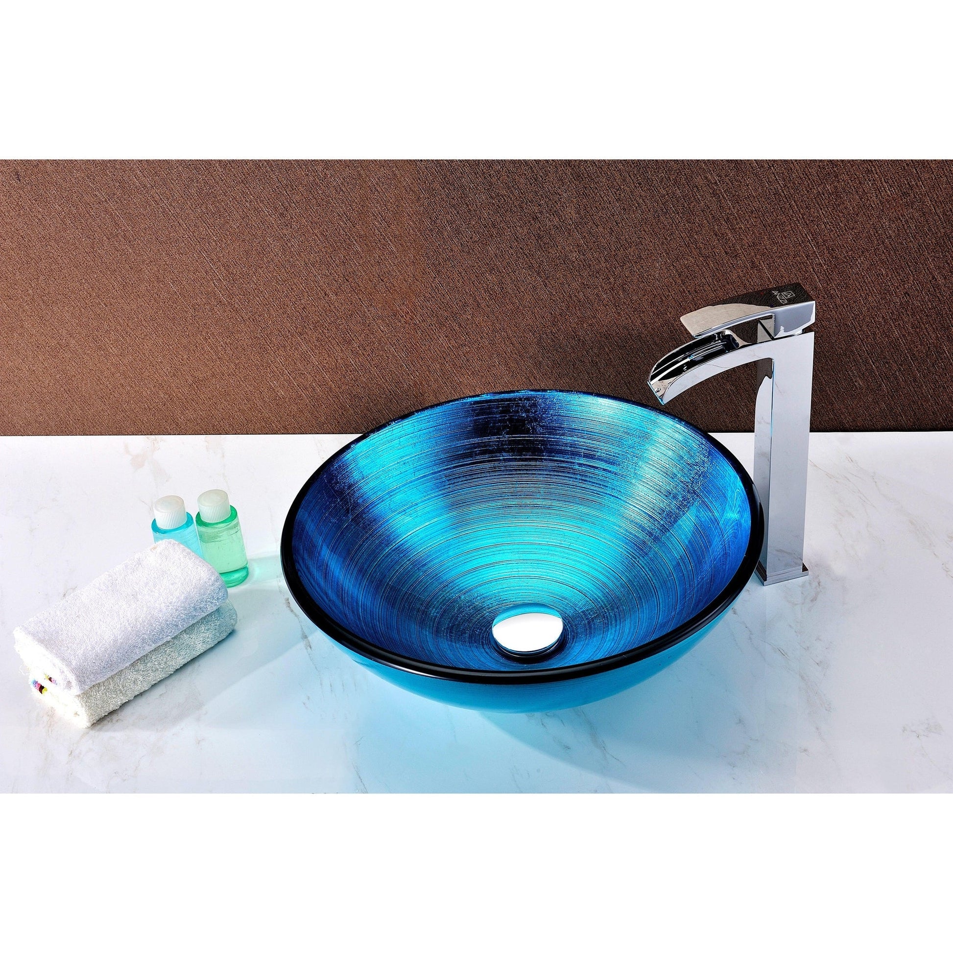 ANZZI Taba Series 17" x 17" Round Lustrous Blue Deco-Glass Vessel Sink With Polished Chrome Pop-Up Drain