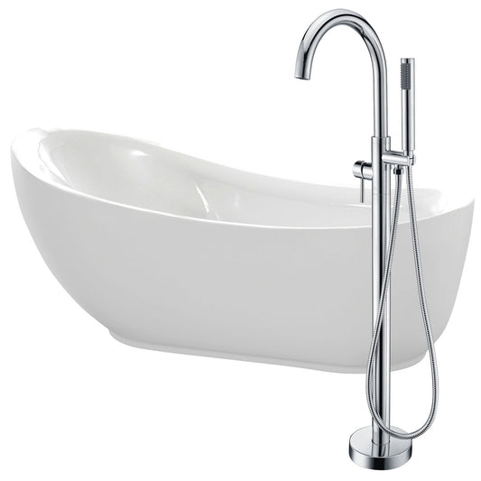 ANZZI Talyah Series 71" x 35" Glossy White Freestanding Bathtub With Built-In Overflow, Pop Up Drain and Kros Bathtub Faucet