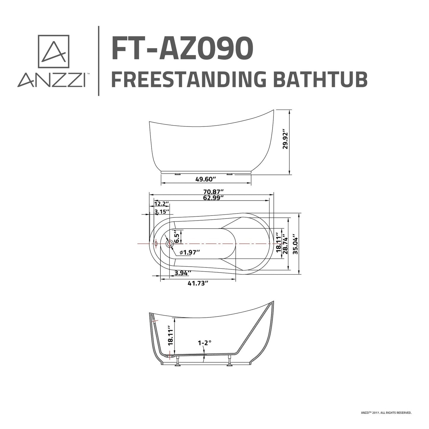 ANZZI Talyah Series 71" x 35" Glossy White Freestanding Bathtub With Built-In Overflow and Reversible Drain