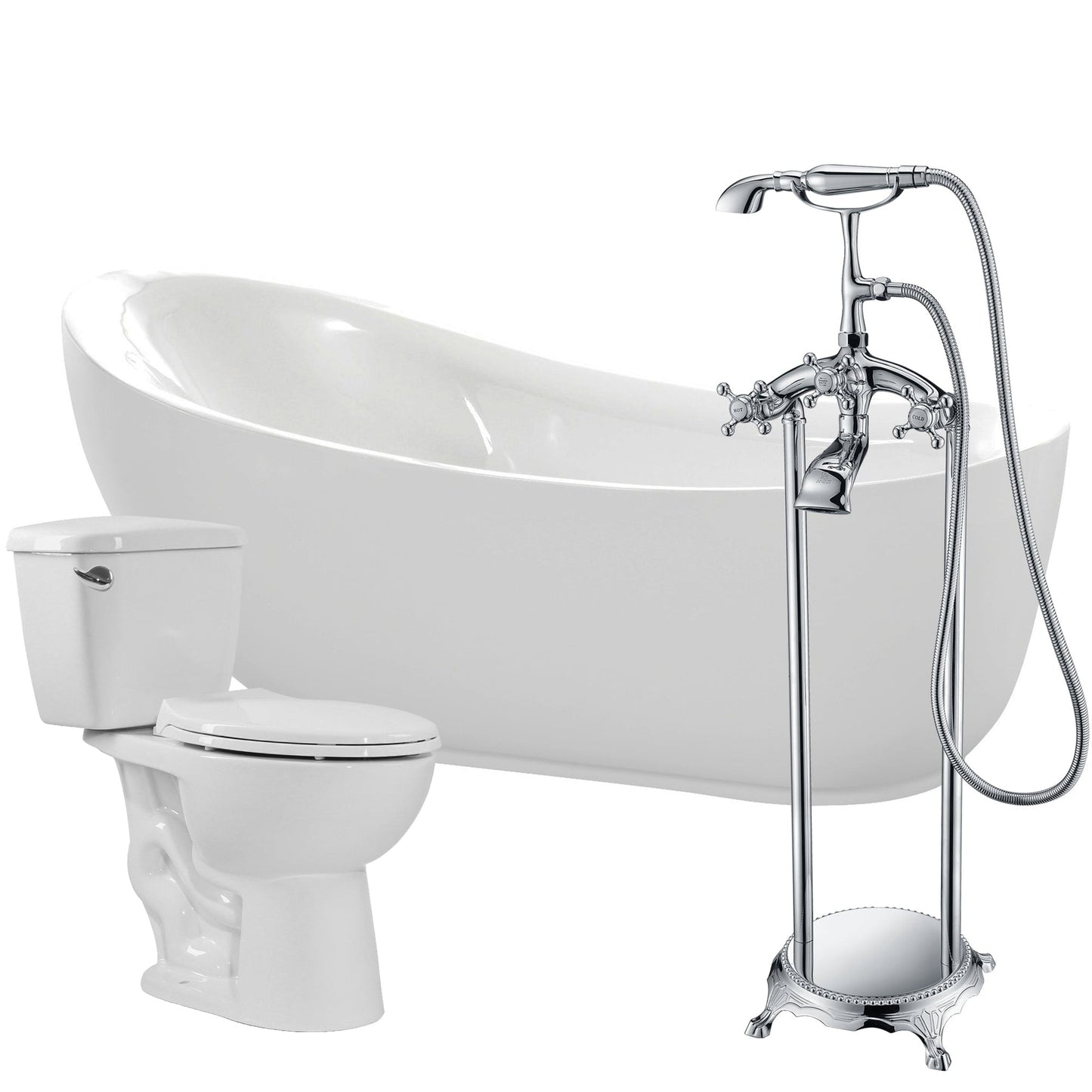 ANZZI Talyah Series 71" x 35" Glossy White Freestanding Bathtub With Tugela Bathtub Faucet and Cavalier Toilet