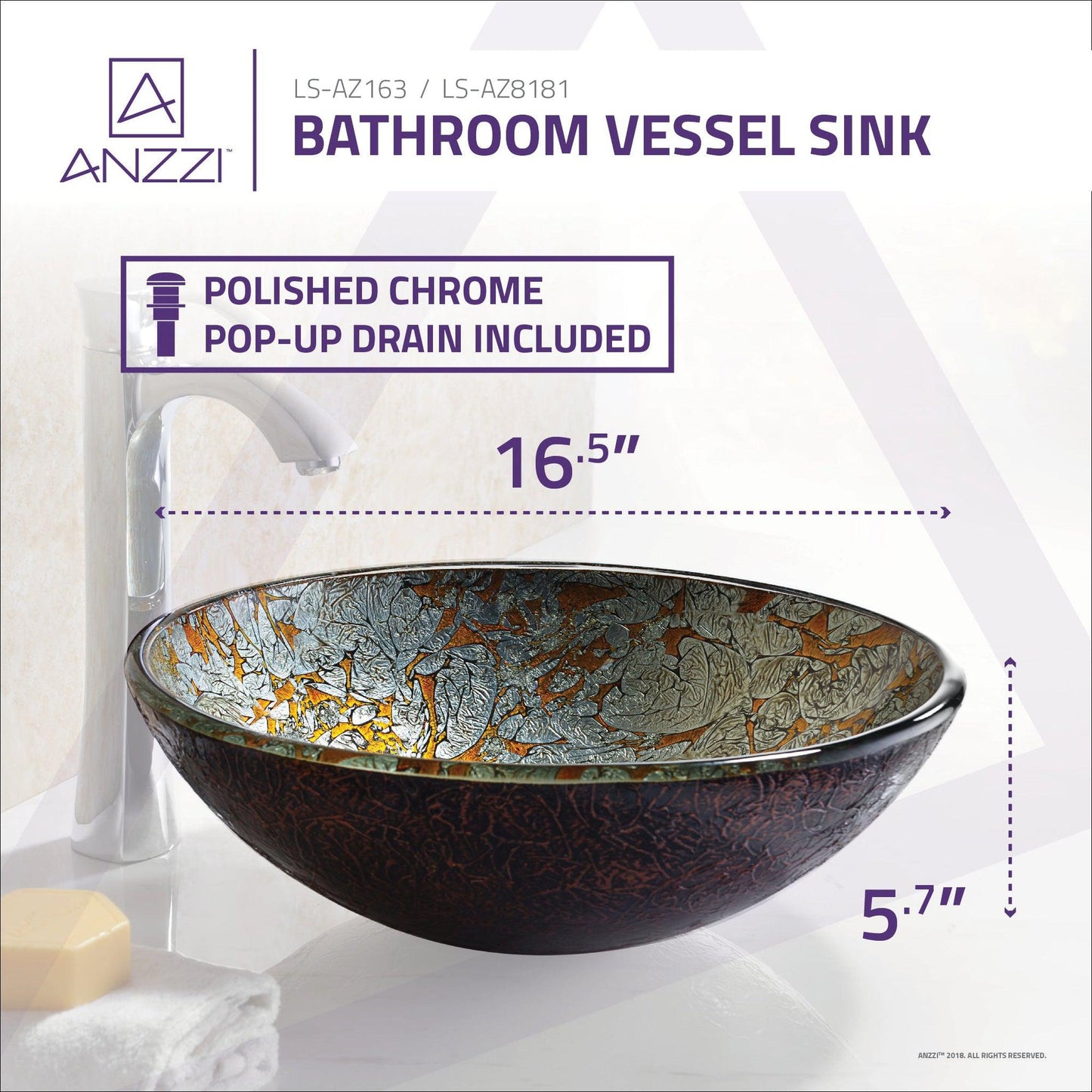 ANZZI Tara Series 17" x 17" Round Arctic Blaze Deco-Glass Vessel Sink With Polished Chrome Pop-Up Drain