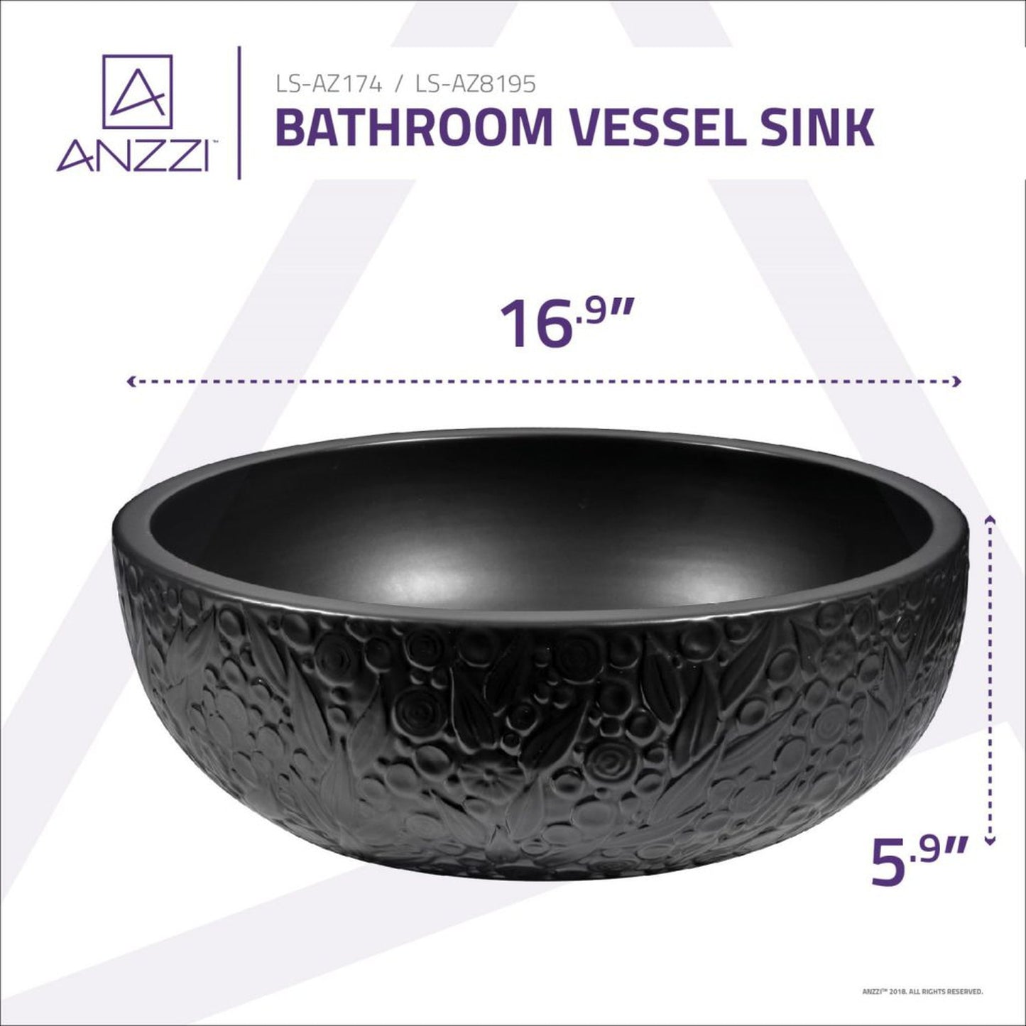 ANZZI Tara Series 17" x 17" Round Black Vessel Sink With Polished Chrome Pop-Up Drain