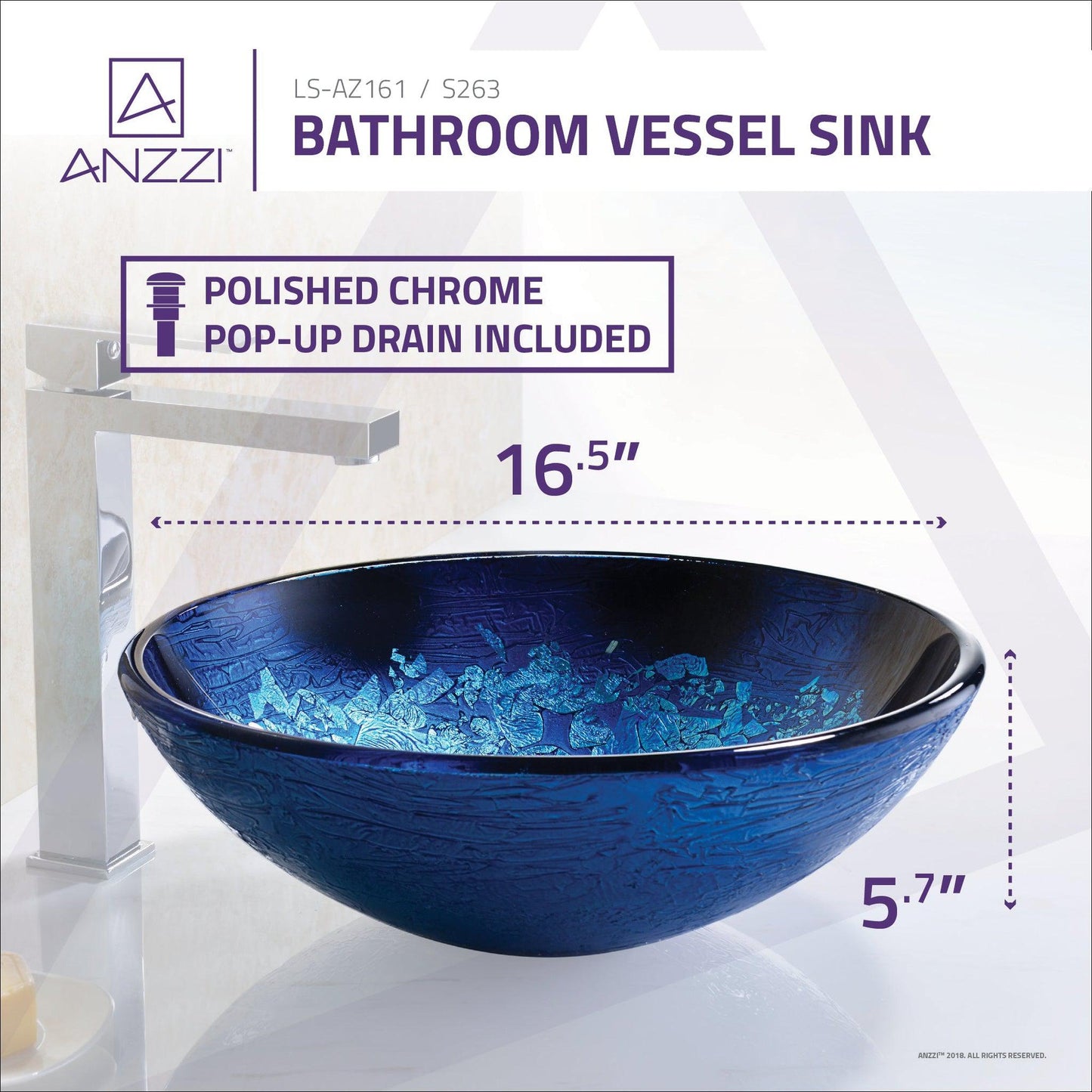 ANZZI Tara Series 17" x 17" Round Blue Blaze Deco-Glass Vessel Sink With Polished Chrome Pop-Up Drain