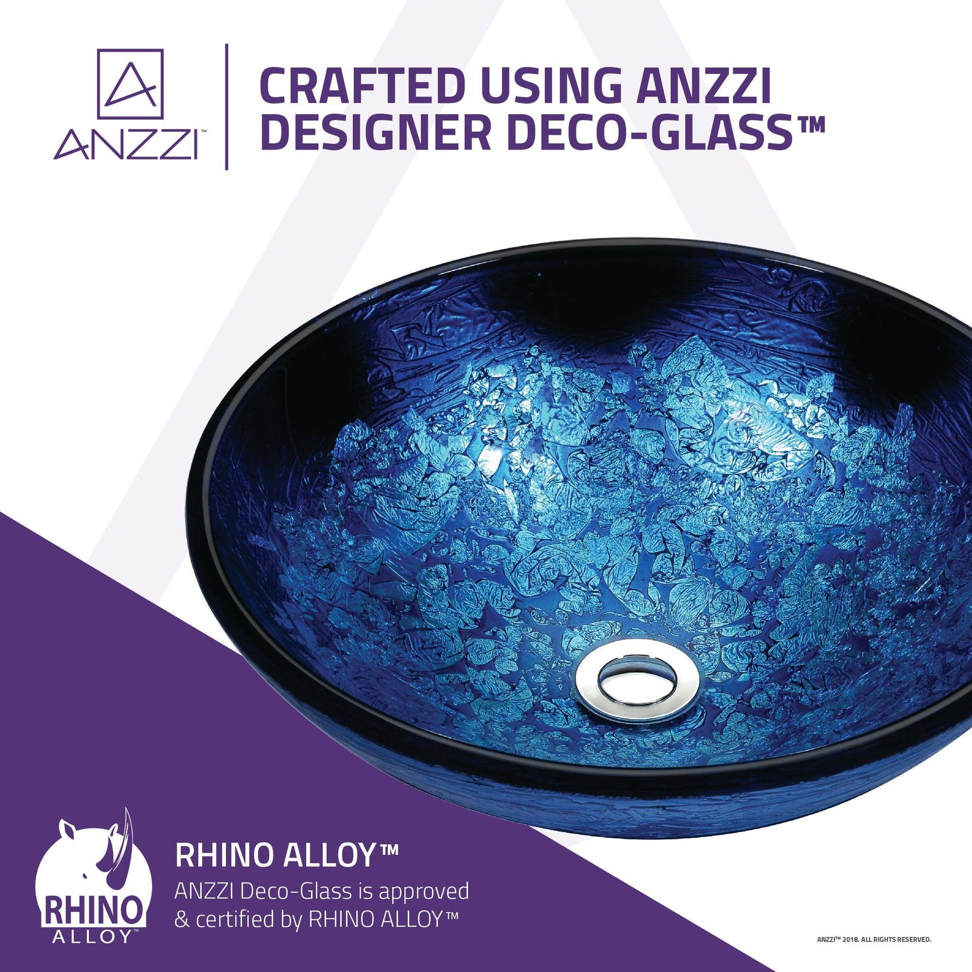 ANZZI Tara Series 17" x 17" Round Blue Blaze Deco-Glass Vessel Sink With Polished Chrome Pop-Up Drain