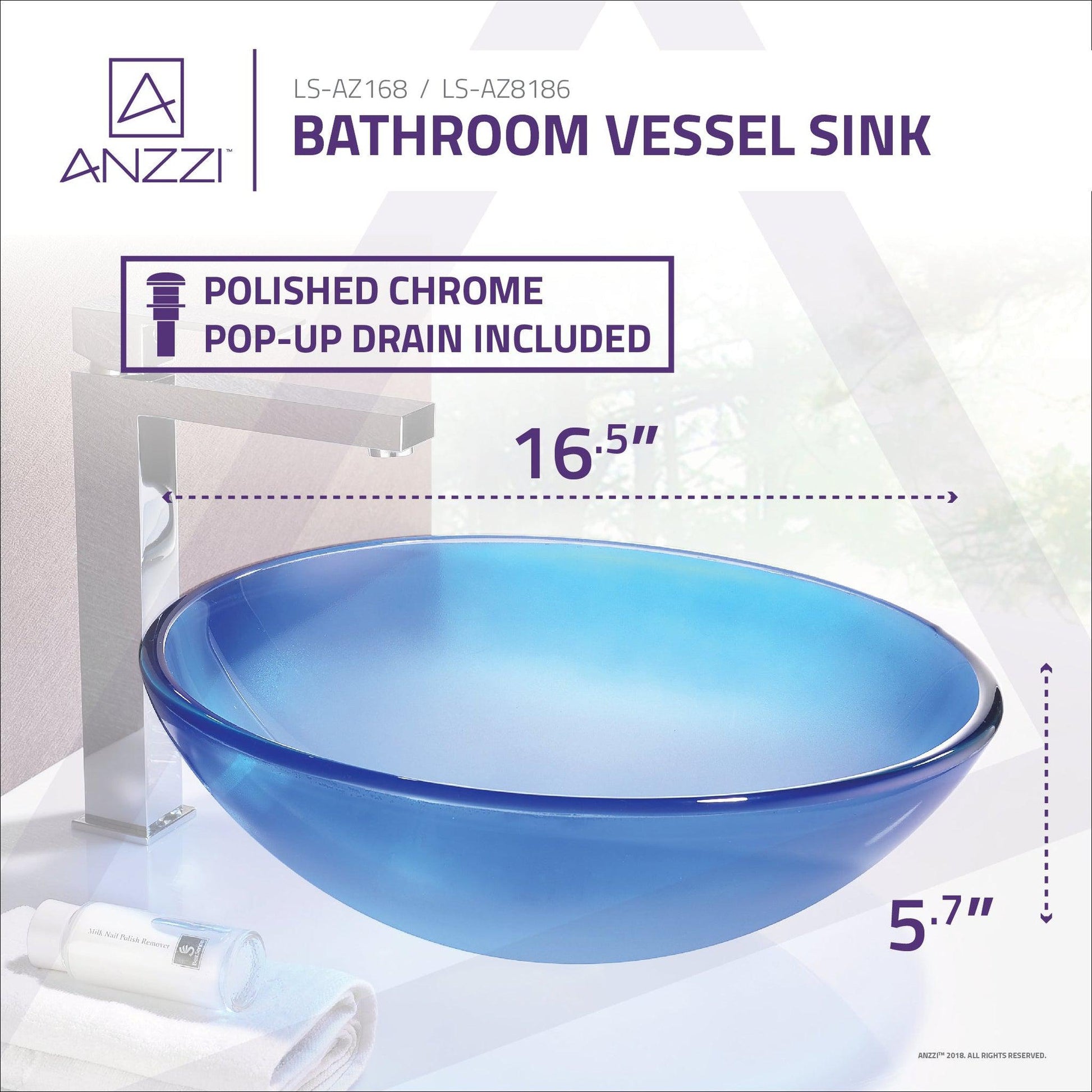 ANZZI Tara Series 17" x 17" Round Caribbean Shore Deco-Glass Vessel Sink With Polished Chrome Pop-Up Drain