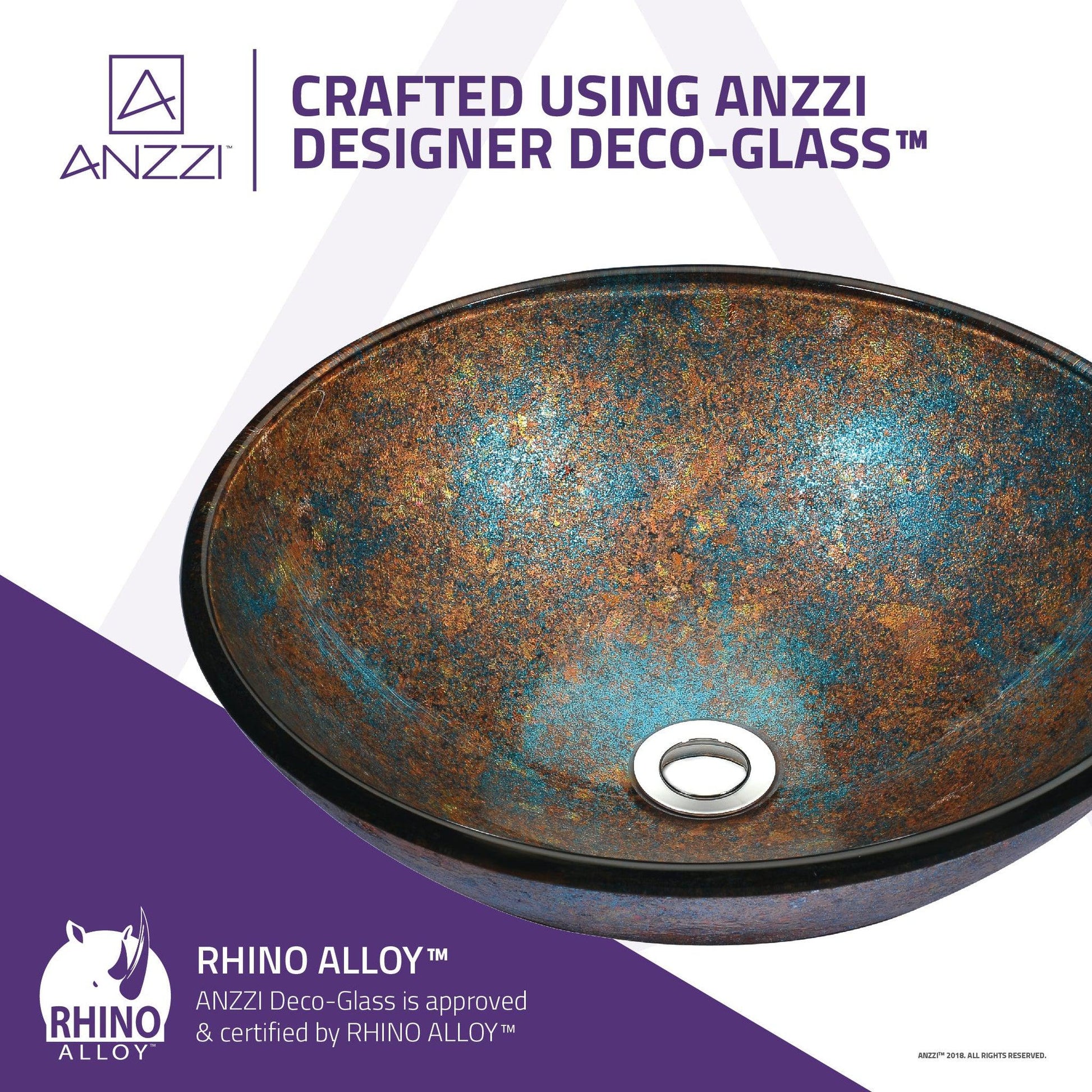 ANZZI Tara Series 17" x 17" Round Emerald Burst Deco-GlassVessel Sink With Polished Chrome Pop-Up Drain