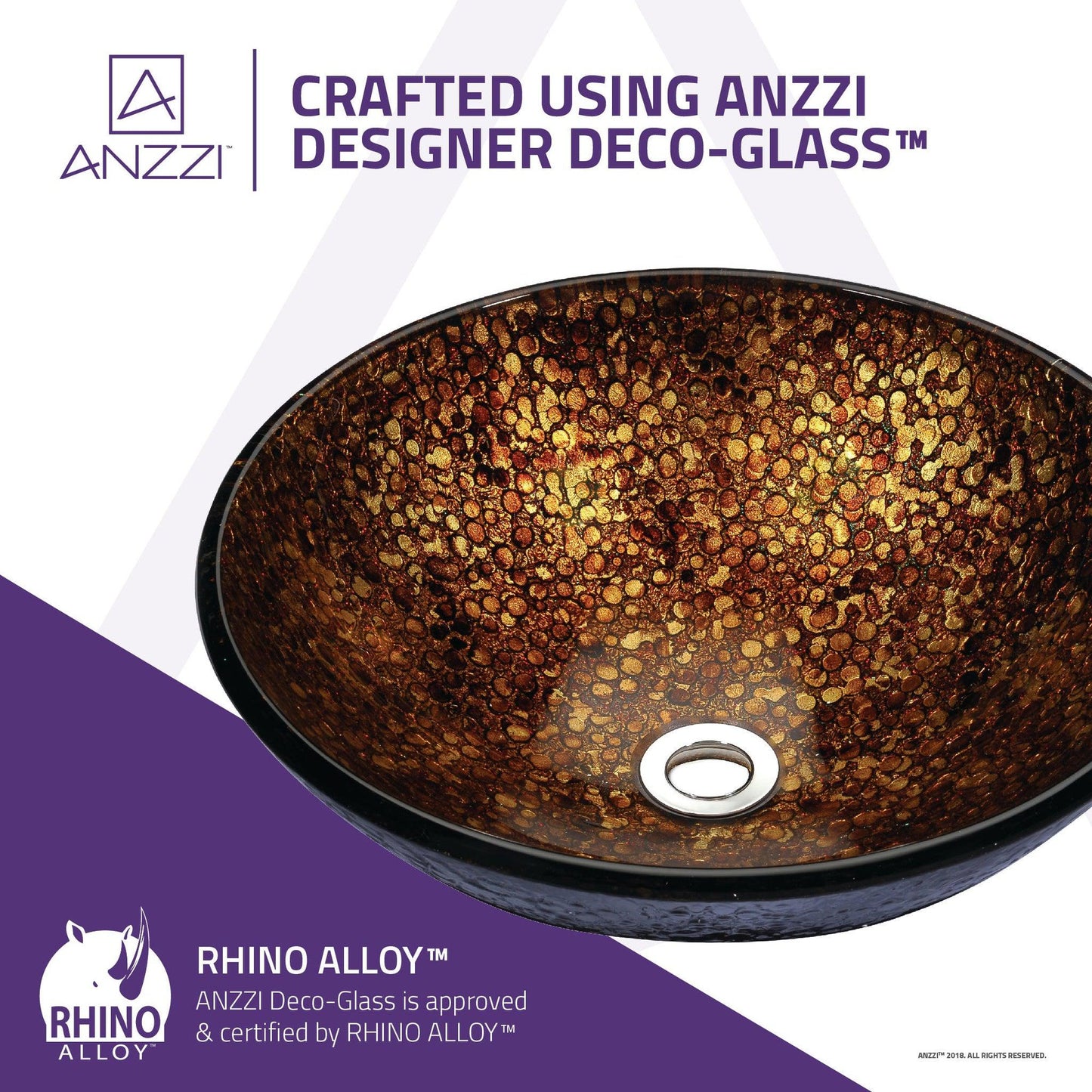 ANZZI Tara Series 17" x 17" Round Idol Gold Deco-Glass Vessel Sink With Polished Chrome Pop-Up Drain