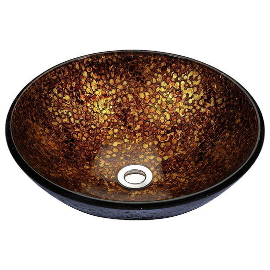 ANZZI Tara Series 17" x 17" Round Idol Gold Deco-Glass Vessel Sink With Polished Chrome Pop-Up Drain